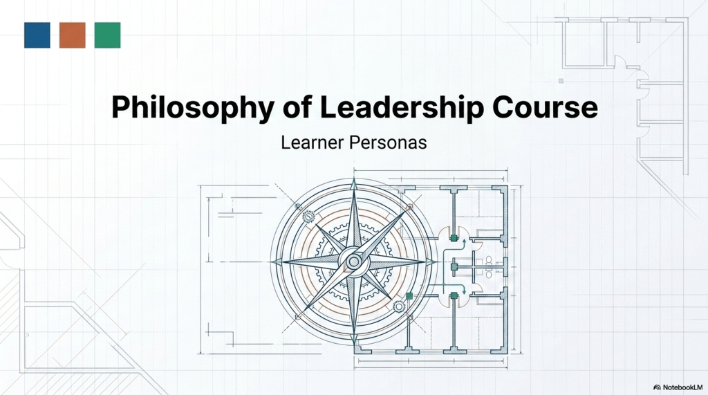 Title slide for "Philosophy of Leadership Course: Learner Personas" featuring a compass rose overlaid on a blueprint of a building.