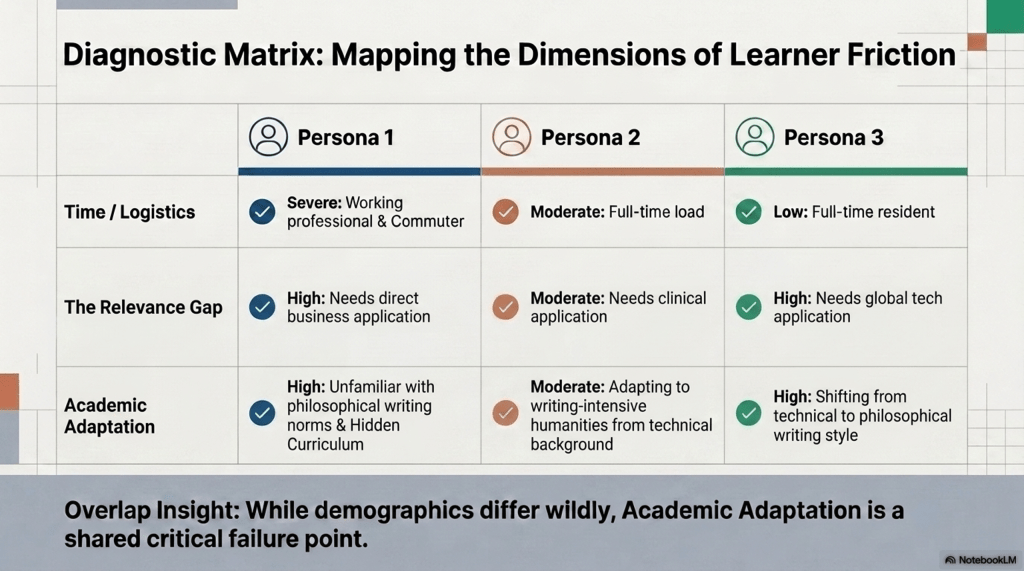 Diagnostic Matrix — Comparison of three learner personas showing friction in time, relevance, and academic adaptation.