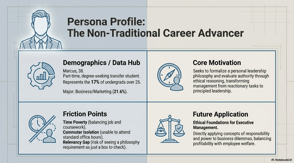 Career Advancer Persona — Marcus, 38, part‑time business student balancing work and study; seeks ethical leadership.