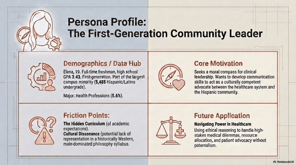 Community Leader Persona — Elena, 19, first‑gen health student; aims for culturally competent healthcare leadership.