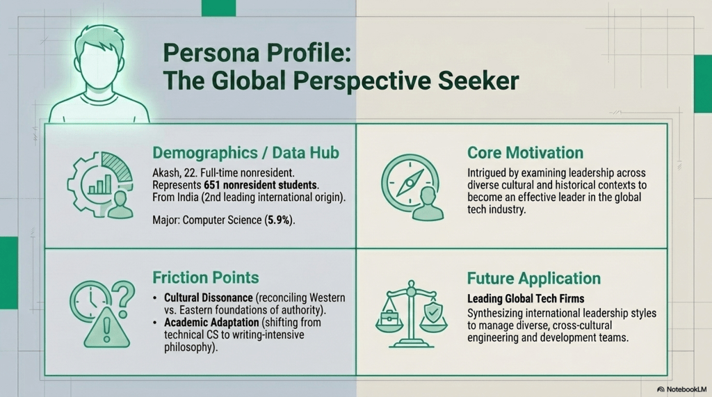 Global Perspective Seeker — Akash, 22, computer science student from India; explores cross‑cultural leadership.
