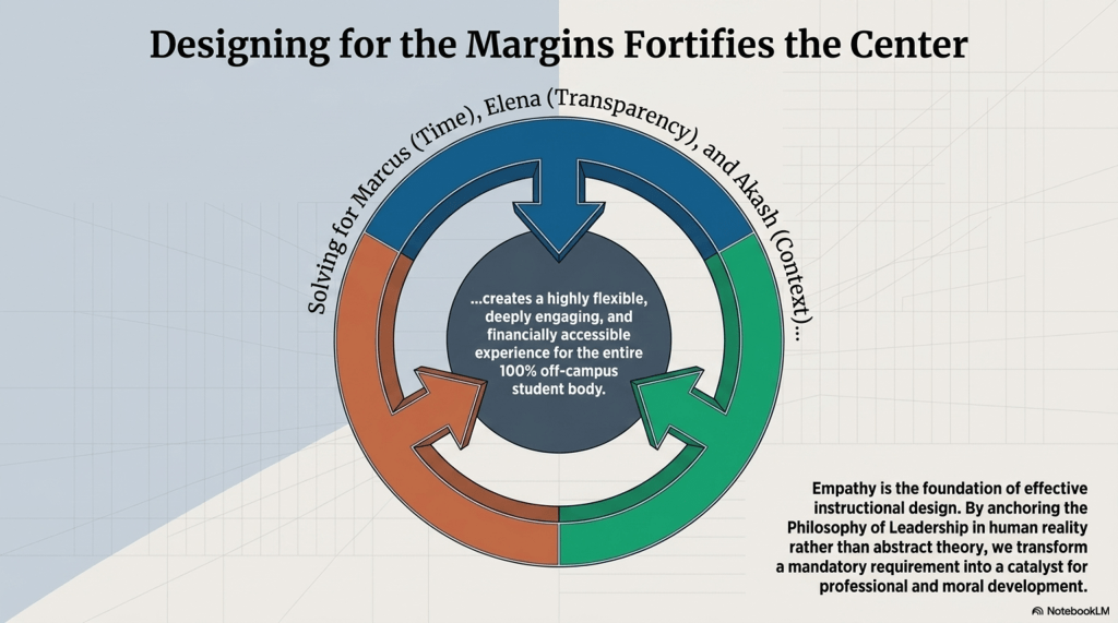 Designing for the Margins — Circular diagram linking Marcus, Elena, and Akash to inclusive design for all learners.