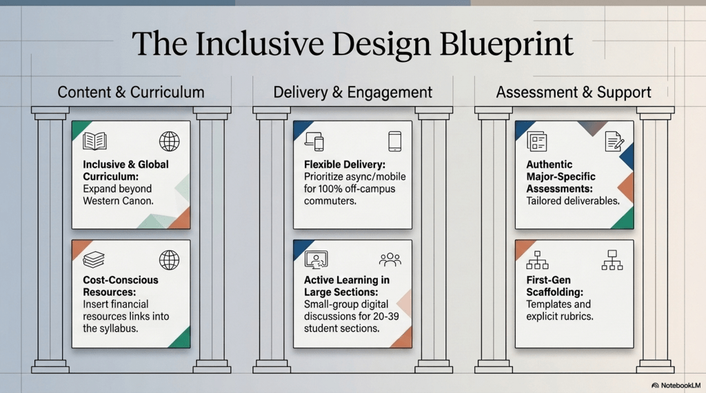 Inclusive Design Blueprint — Three pillars for curriculum, delivery, and assessment promoting equity and flexibility.