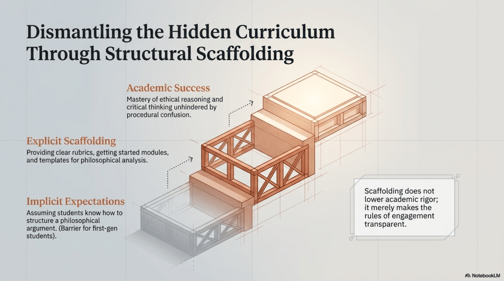 Hidden Curriculum Scaffolding — Staircase visual showing explicit scaffolding leading to transparent academic success.